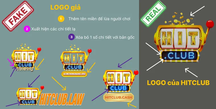 Logo chính thức Hit.Club có hiệu ứng nổi bật hoặc bóng sáng, còn logo giả Hit.Club thường phẳng và thiếu chiều sâu.